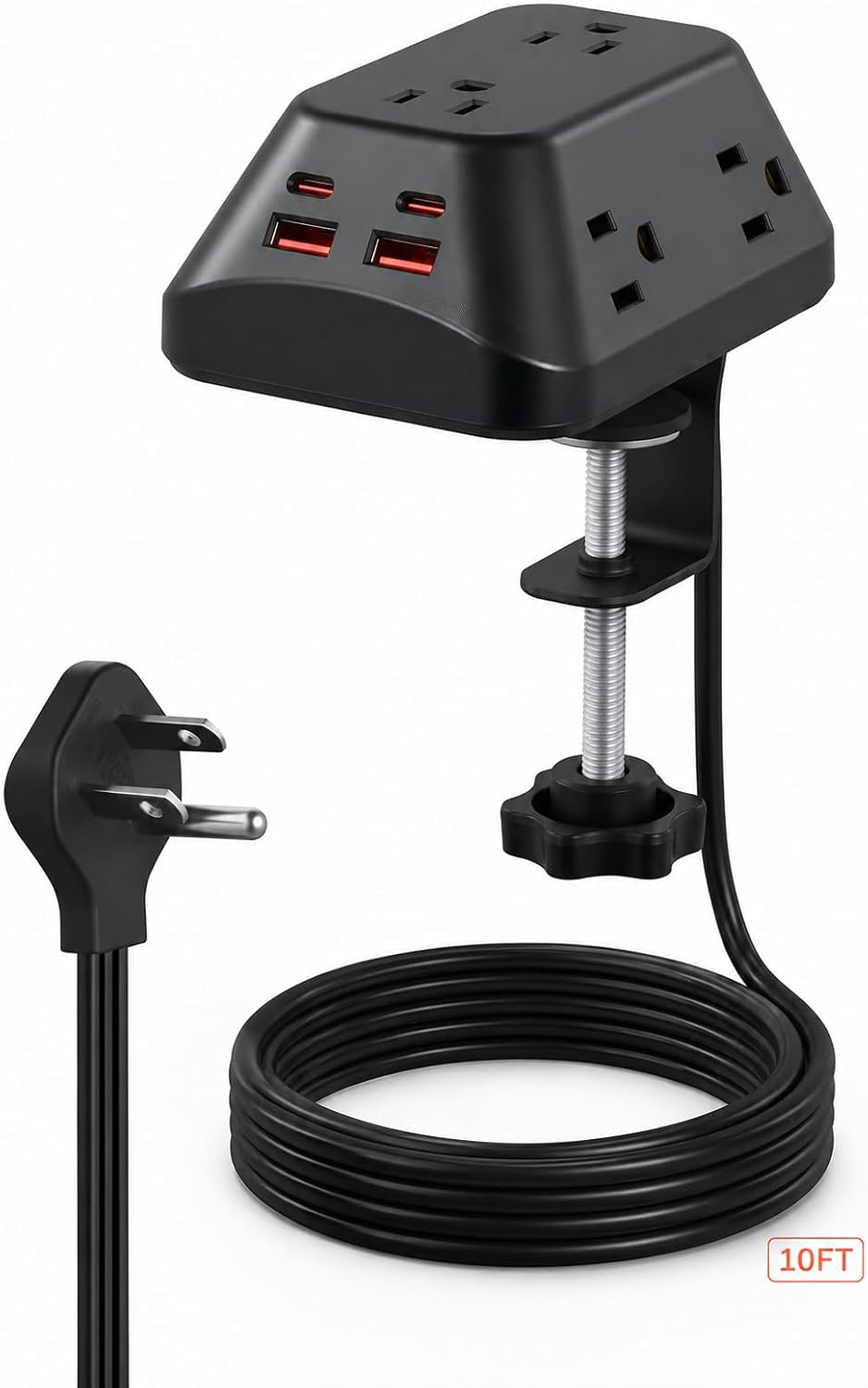 Desk Clamp Power Strip, 6 AC, 2 USB-C & 2 USB-A, 1440J, 10FT Cord | Fits 1.97in Desks, 17W Shared USB Charging, 45° Flat Plug & 3-Side Layout for Home Office, Standing Desk and Gaming Setups