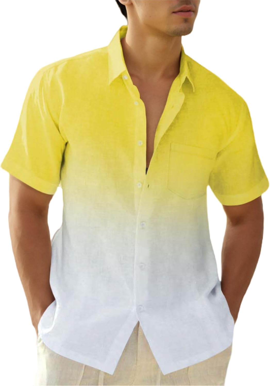Mens Linen Shirts Gradient Short Sleeve Casual Shirts Button Down Shirt Beach Summer Wedding Vacation Shirt for Men