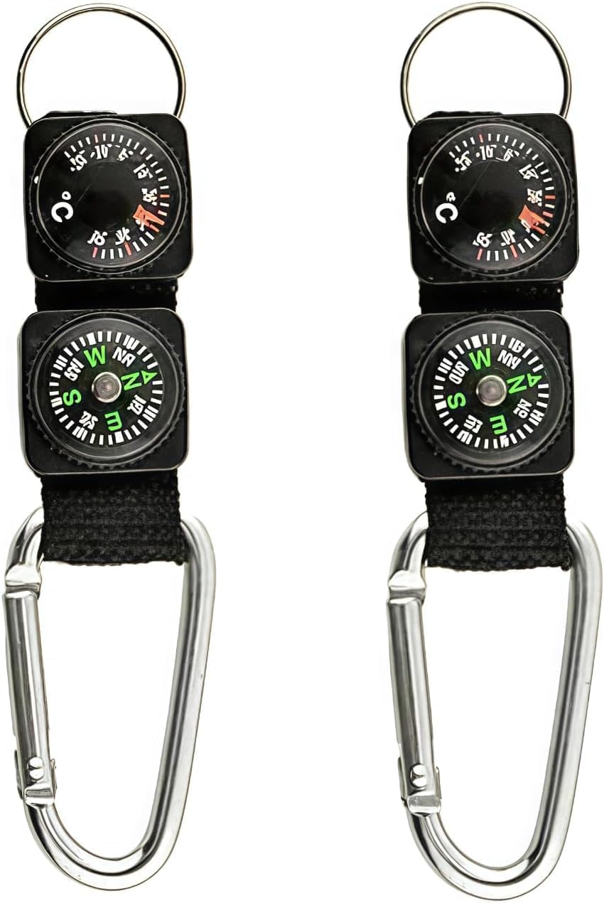 2Pcs Black Carabiner Key Chain Compass Thermometer Metal Camping Outdoor Gadgets Hiking Survival to Multifunctional Mountaineering Sports Outdoor Recreation Accessories