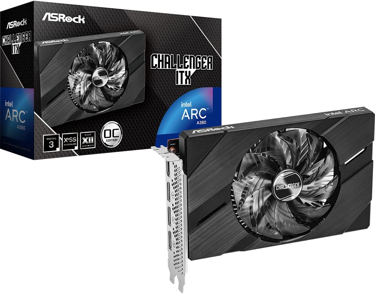 ASRock Intel Arc A380 Challenger ITX 6GB OC, 2250MHz GPU, 6GB GDDR6 96-bit, PCIe 4.0, Single Fan, 0dB Silent, DP 2.0, HDMI 2.0b