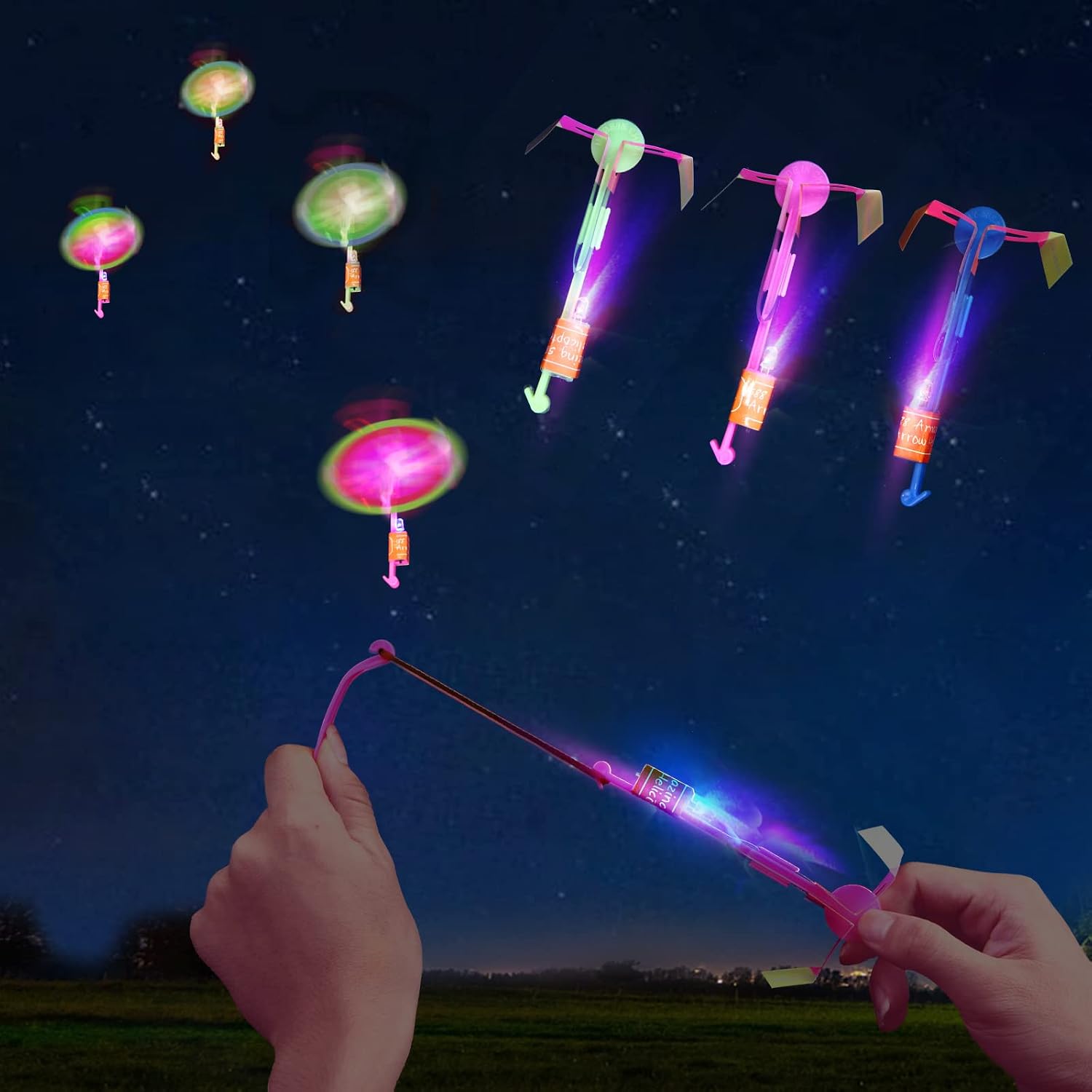 lpvoqpth 25 Sets LED Flying Set, 25 Slingshot+25 Glow Helicopter-50 Pcs, Flying Toy Outdoor Toys Glow in the Dark Party Supplies Party Favors for Kids 8-12,4-8