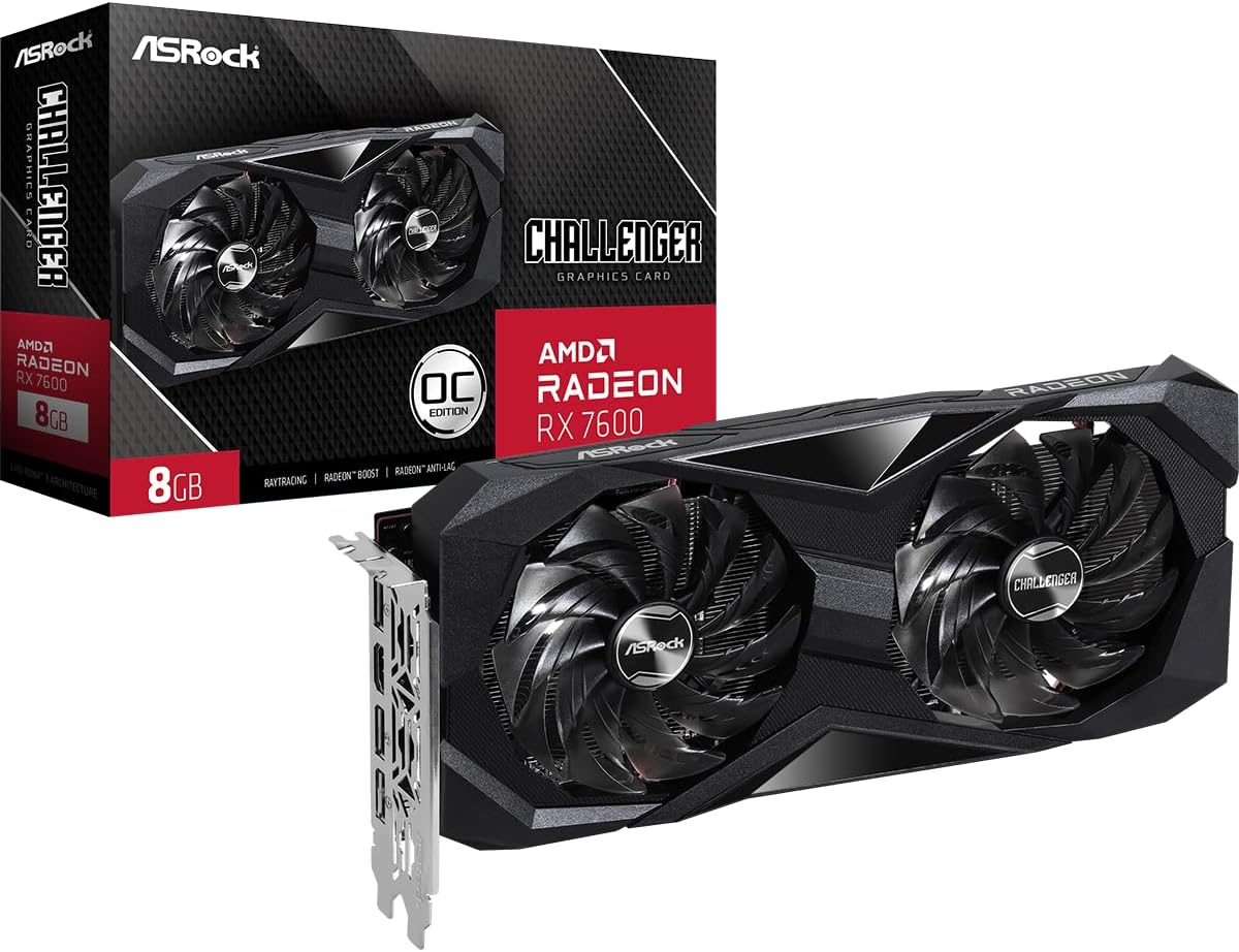 ASRock Radeon RX 7600 Challenger 8GB OC, RDNA 3, 2695MHz Boost, 8GB GDDR6 128-bit, PCIe 4.0, Dual Fans, 0dB Silent, HDMI 2.1, DisplayPort 1.4