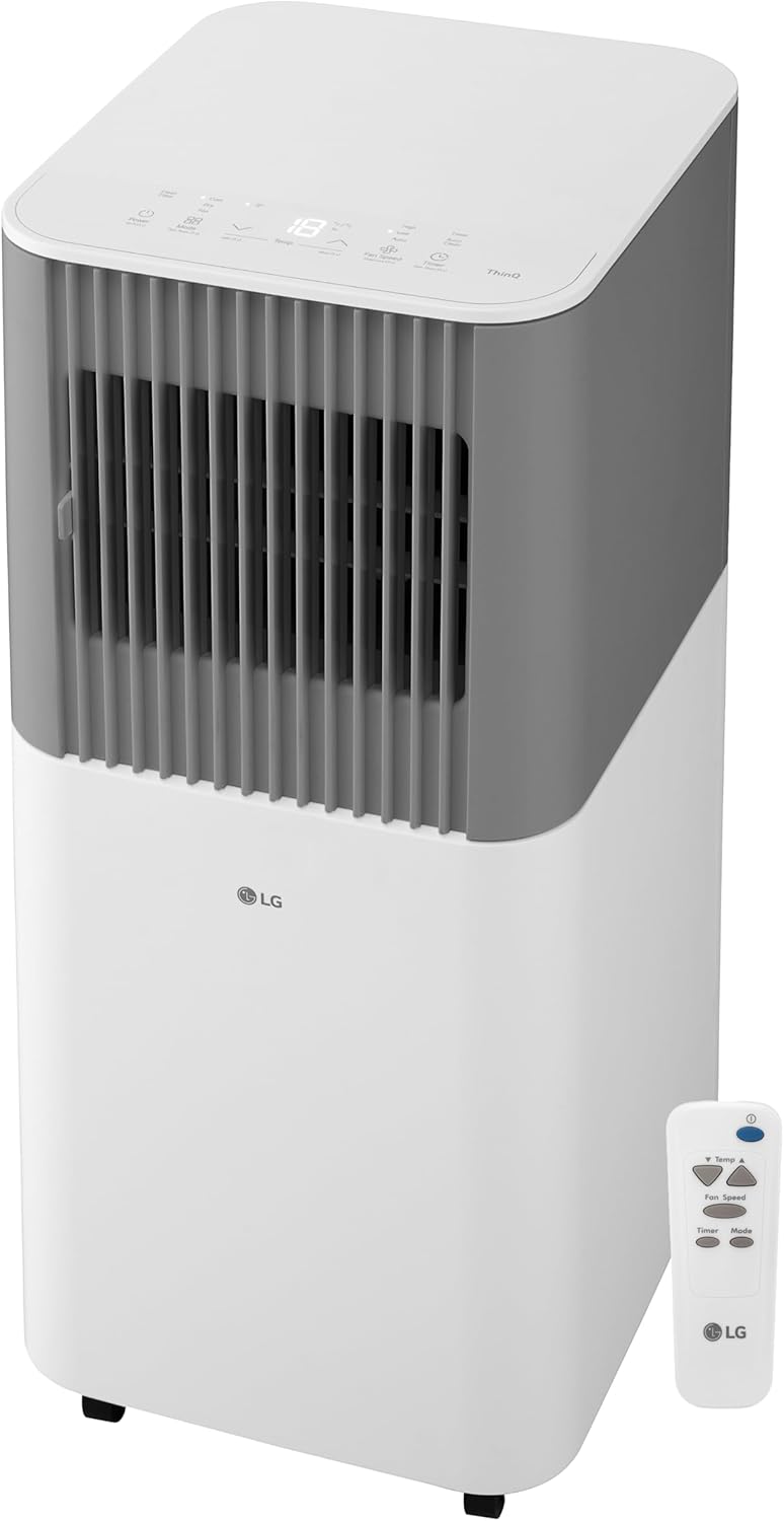 LG 6,000 BTU SACC (10,000 BTU ASHRAE) Portable Air Conditioner, 115V, Cools 250 Sq.Ft. (10' x 25' Room Size), Quiet Operation, LCD Remote Control, and Window Installation Kit, White & Gray