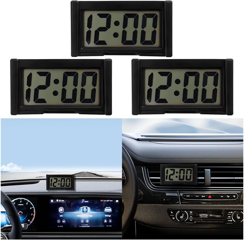 3PCS Mini Car Dashboard Digital Clocks, Small Self-Adhesive Bracket Vehicle Air Vent Electronic Watch with Clear LCD Screen Time & Day Display, Automotive Clock, Universal Fit (Black)