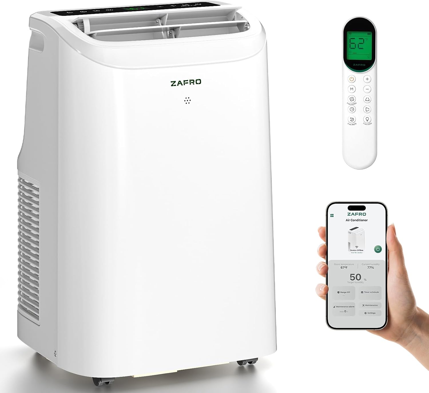 ZAFRO Portable Air Conditioners, 12000 BTU (8000 BTU SACC), Portable AC with Drainage-free Cooling, Fan & Dehumidifier, Smart AC Unit with APP/Remote, 47dB Quiet, 24H Timer for Living Room, Bedroom