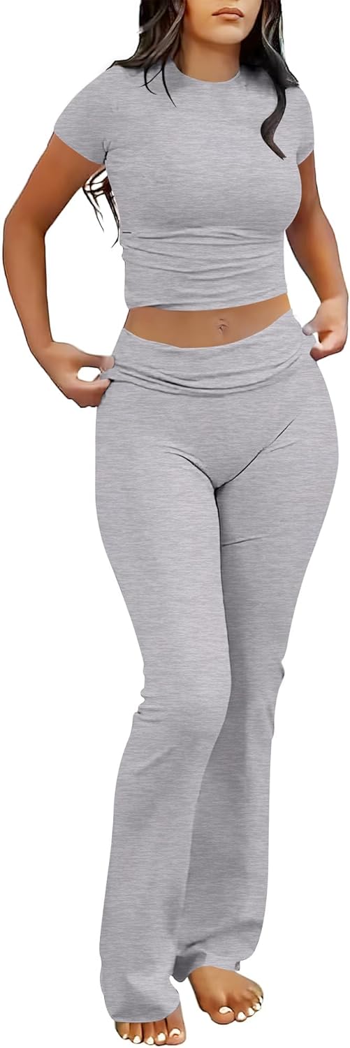 ANRABESS 2 Piece Lounge sets for Women | Soft Comfy Stretchy, Crop Top & Foldover Flare Leggings, Yoga Workout Matching Outfits, Trendy Y2k, Summer Wear Fall Layer