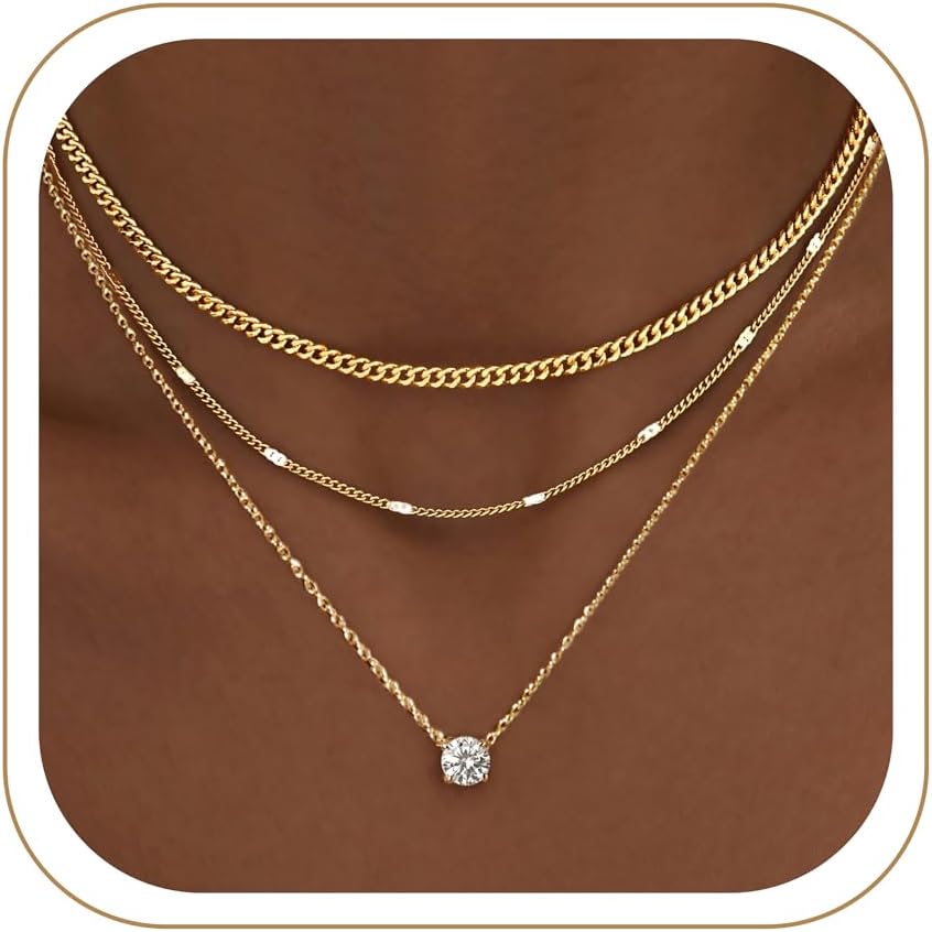 WomenGifts Layered Gold Necklaces for Women, 14K Gold Sterling Silver Plated Dainty Pendant Necklace Set Non Tarnish, Chunky Stackable Cuban Chain Choker, Trendy Personalized Birthstone Jewelry Gift f