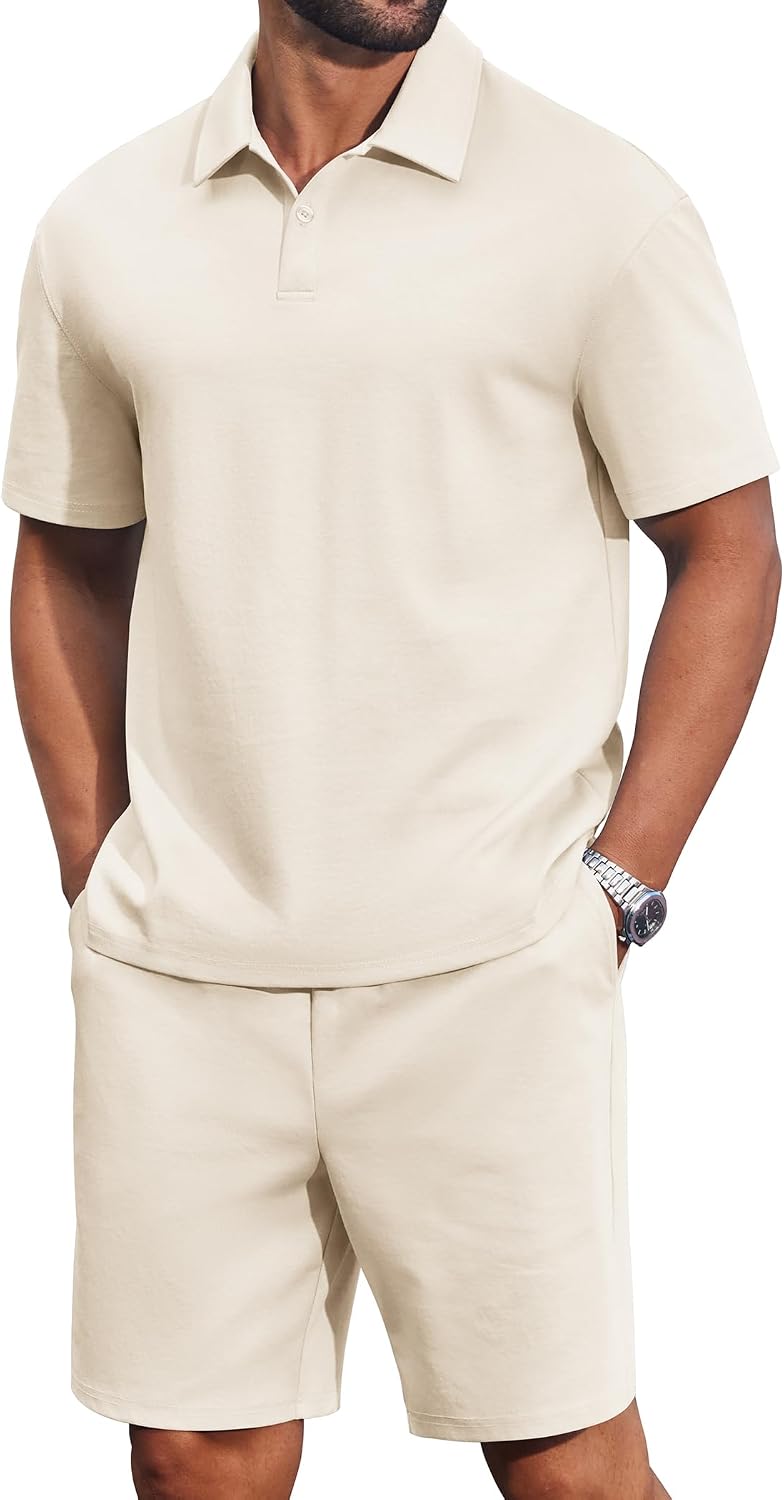 COOFANDY Men's 2 Piece Outfits Casual Cotton Short Sleeve Polo Shirts and Shorts Sets Loose Fit Summer Athletic Track Suits