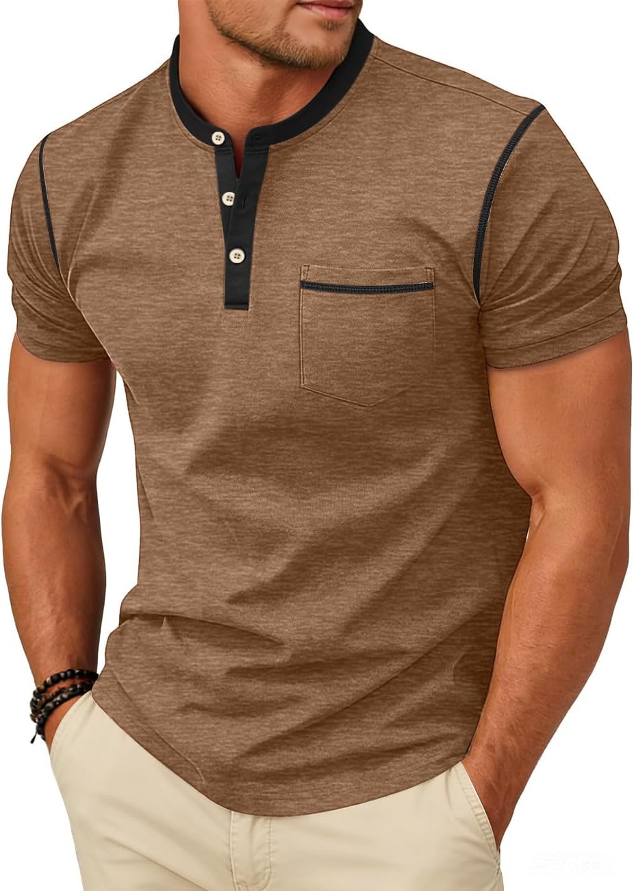 Men's Henley Shirt Casual Button Short Sleeve T-Shirt Summer Patchwork Color Block Tee Shirts