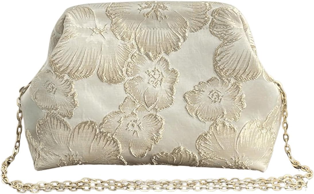 OYOANGLE Women's Clutch Wedding Guest Purse Bridal Floral Evening Handbags | Bridal Purse for Wedding Day, Formal, Summer, Boho, Cocktail, Flower Embroidered, Kiss Lock, Shoulder Bag