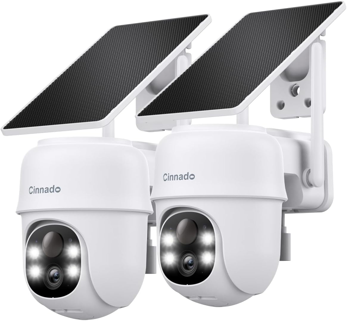 Cinnado 2K Solar Wireless Outdoor Cameras for Home Security White B6 2Pack | 2.4Ghz Wi-Fi Security Camera with Auto Tracking for Farms/Garages, AI Detection, Spotlight Color Night Vision, Instant Aler
