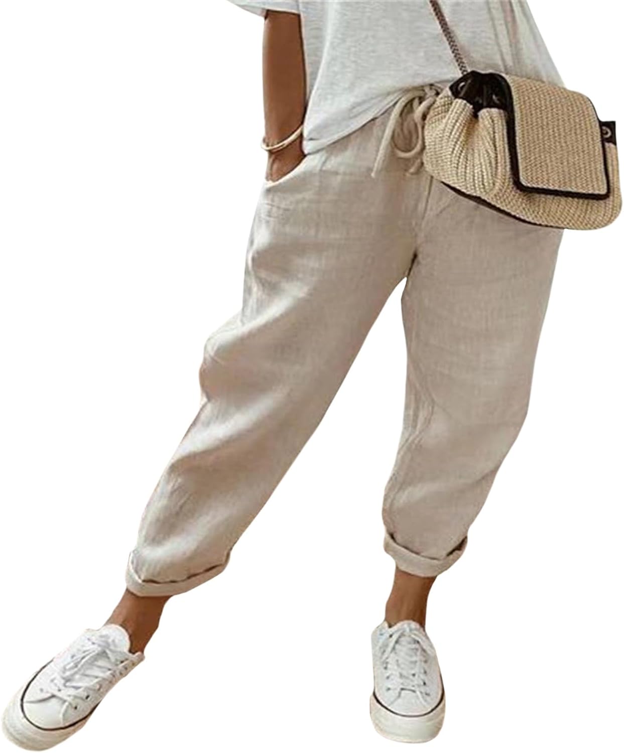 Womens Plus Size Elastic Waist Summer Linen Casual Cotton Pants Straight Leg Loose Cropped Pants with Pockets 2025