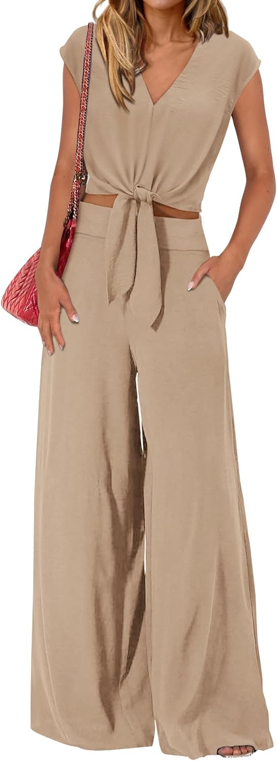 PRETTYGARDEN Women's Summer 2 Piece Outfits 2026 Cap Sleeve V Neck Belted Crop Tops Wide Leg Pant Sets Casual Tracksuit