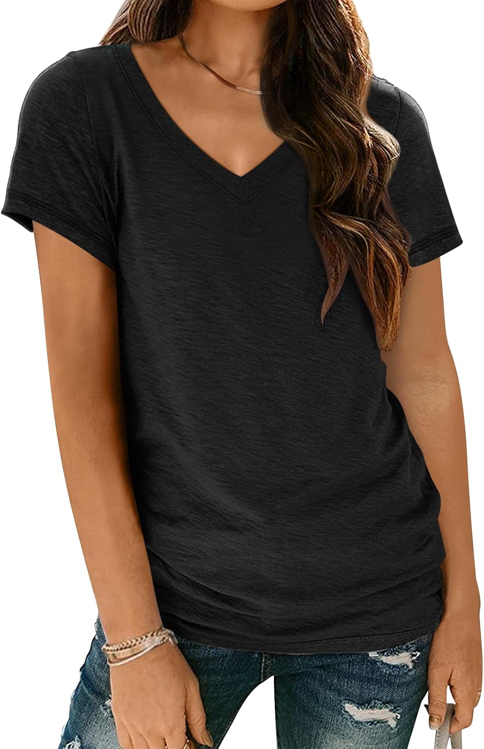 AUTOMET Womens Short Sleeve T-Shirts V Neck Summer Tops Basic Tees 2026 | Breathable comfort stretch fabric, lightweight, soft, casual tunic, school, workout clothes, spring, travel clothing