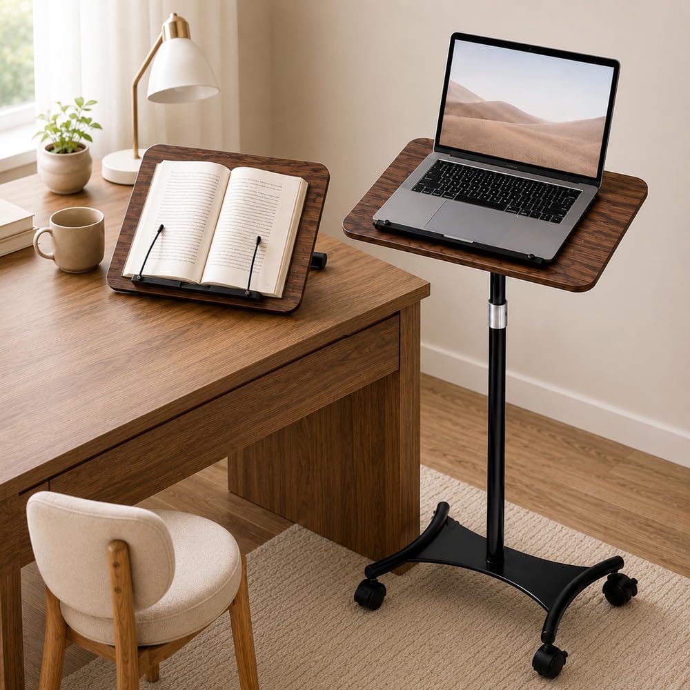 2-in-1 Rolling Book Stand, Floor & Desktop Book Holder for Heavy Books | Hands-free read | Lockable wheels | Cozy movable study setup | Up to 57 in | One stand, two ways to use | 360° Rotating Panel