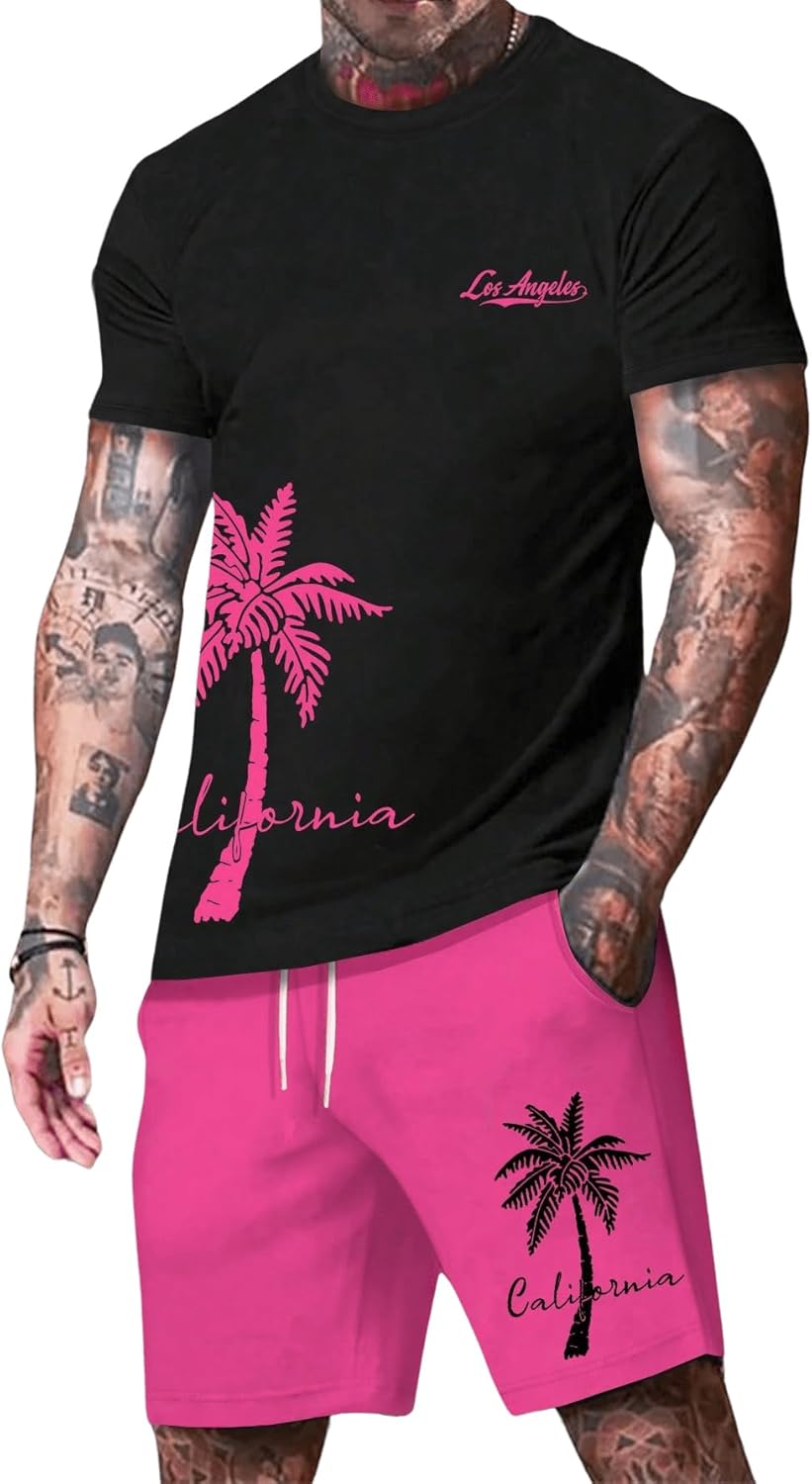 BEAUDRM Men's 2 Pieces Outfit Short Sleeve Hawaiian Print Tee and Graphic Drawstring Waist Shorts Sets
