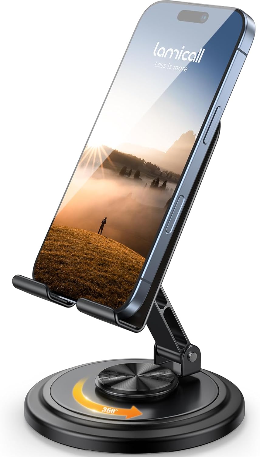 Lamicall 360° Rotation Cell Phone Stand for Desk, Sturdy Phone Holder | Foldable Adjustable Desktop Phone Stand, Office Gaming Desk Accessories for iPhone 17 16 15 14 13 12 Pro Max, Galaxy S26 S25