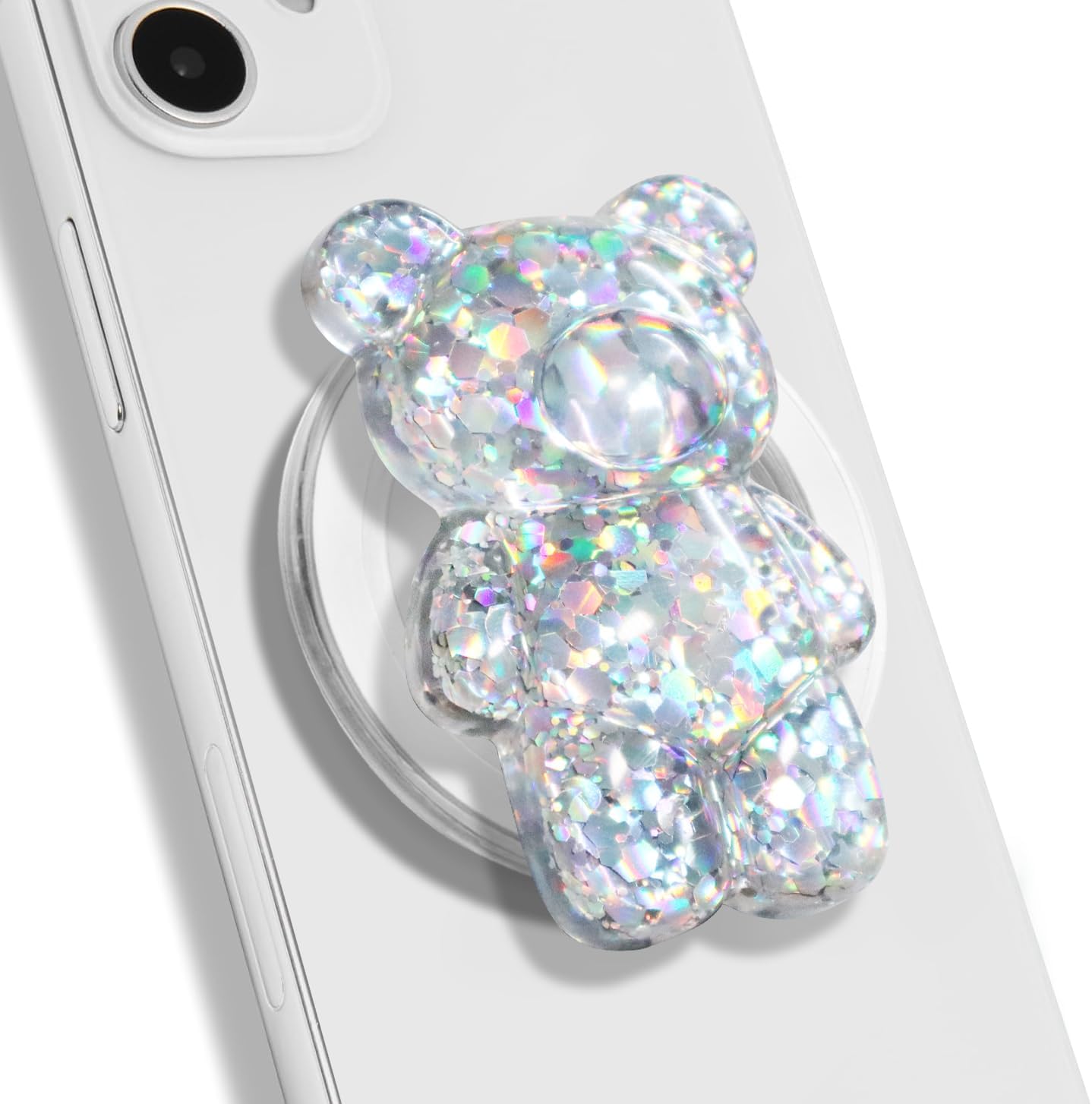 On The Grip Magnetic 3D Gummy Bear Style Expandable Collapsible Mobile Phone Grip Stand Holder for Smartphone Tablet Cell Phone Accessory (Silver Glitter)