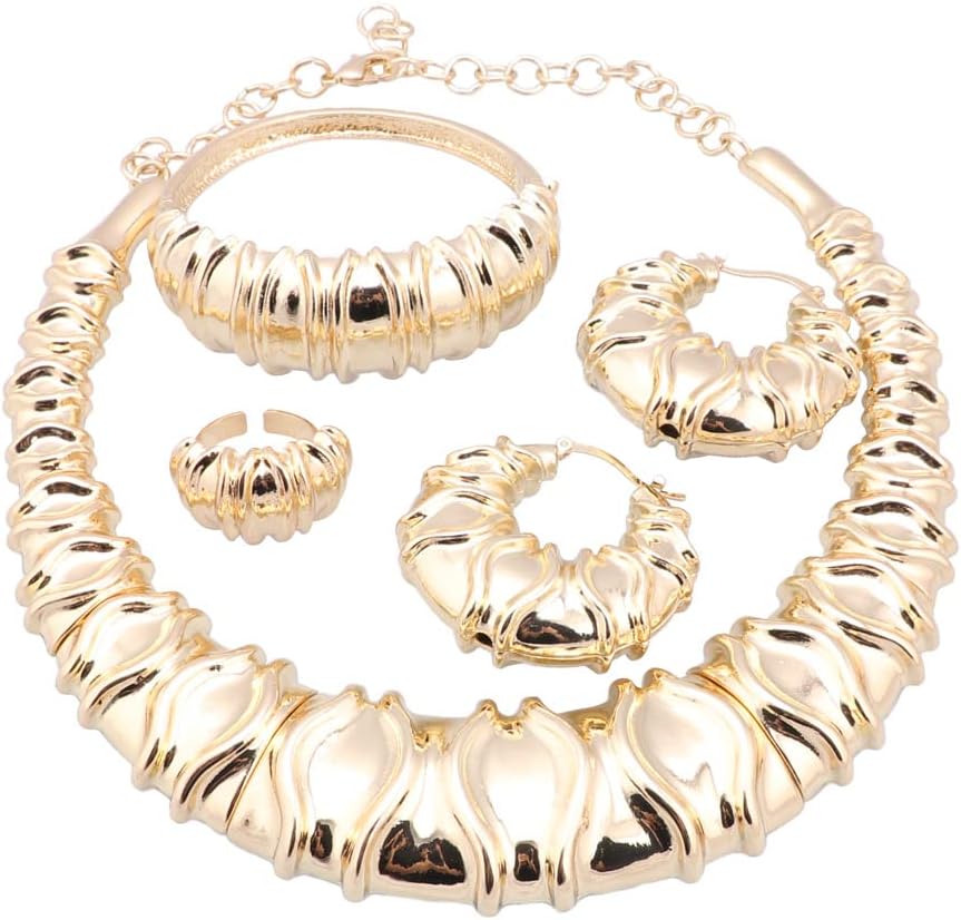 Luxury Italy Brazil Dubai Gold Color Big Jewelry Set High-end Woman Wedding Party Dating Necklace Bangle Earring Ring Jewellery