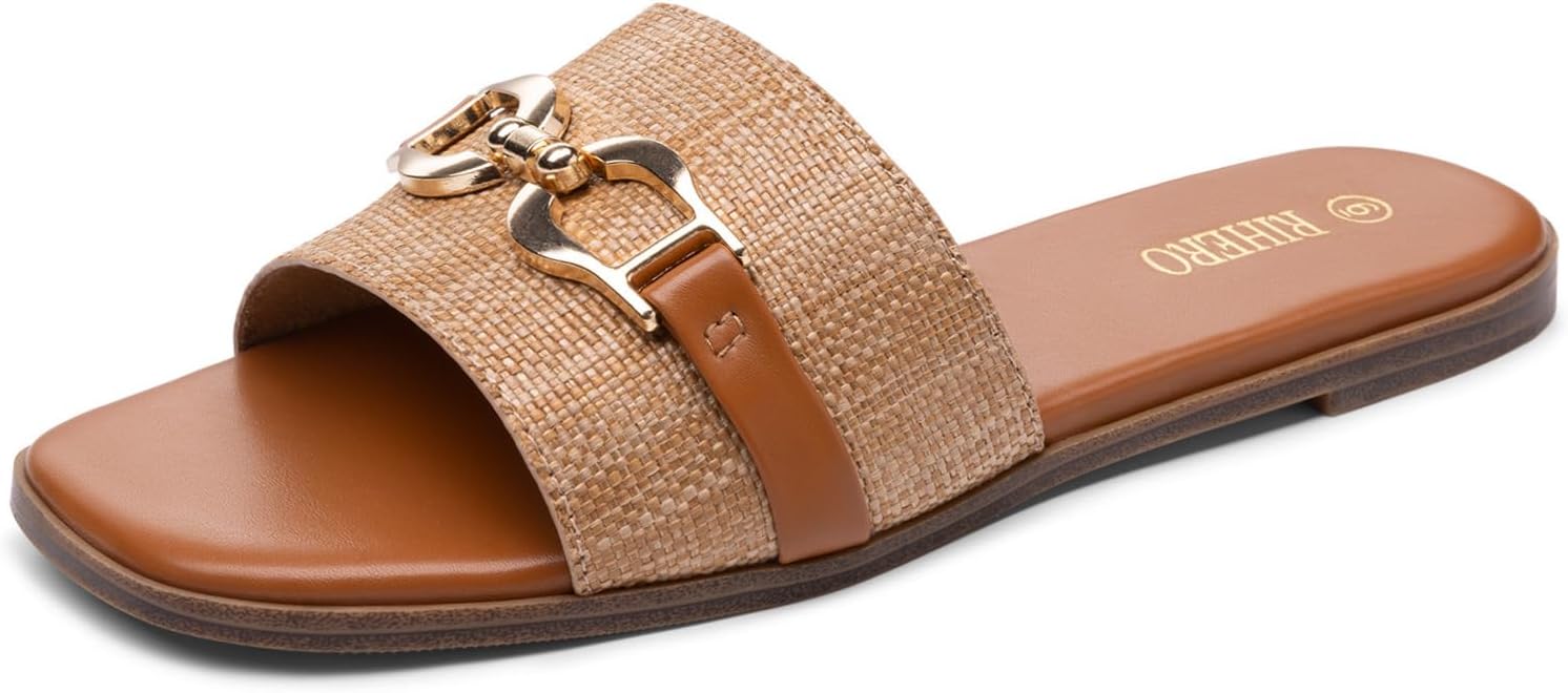 Rihero Women's Flat Sandals Summer Comfortable Square Open Toe Slip On Leather Slide Sandals