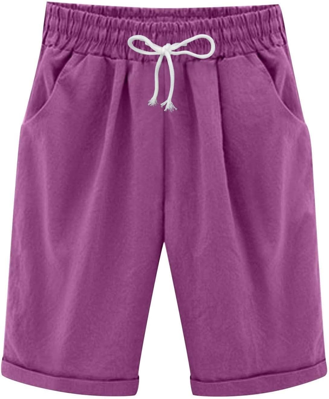 Summer Knee Length Shorts for Women 2025 Cotton Linen Bermuda Shorts Elastic Waist Workout Shorts Casual Loose Beach Shorts