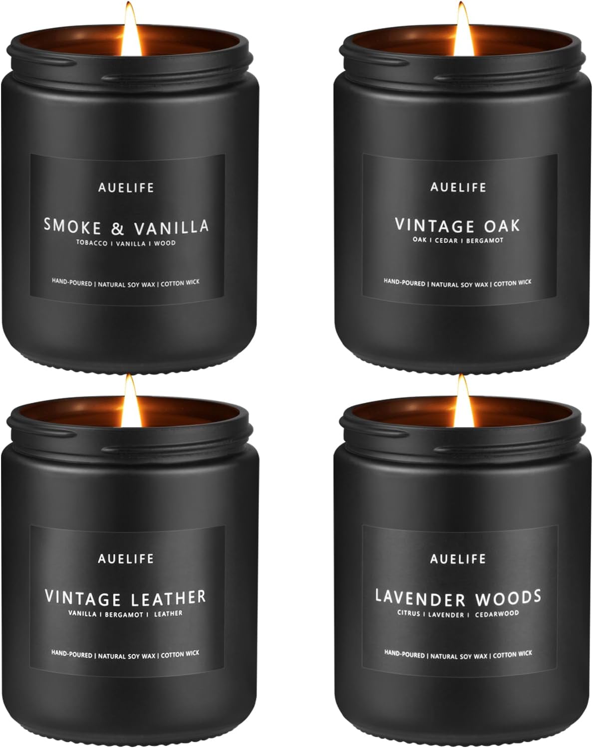 Candles for Men Gift Set, 4 Pack Soy Wax, Masculine | Men's aromatherapy candles; home scented ; long lasting 200-hr burn total; smoke&vanilla, leather,oak,lavender wood
