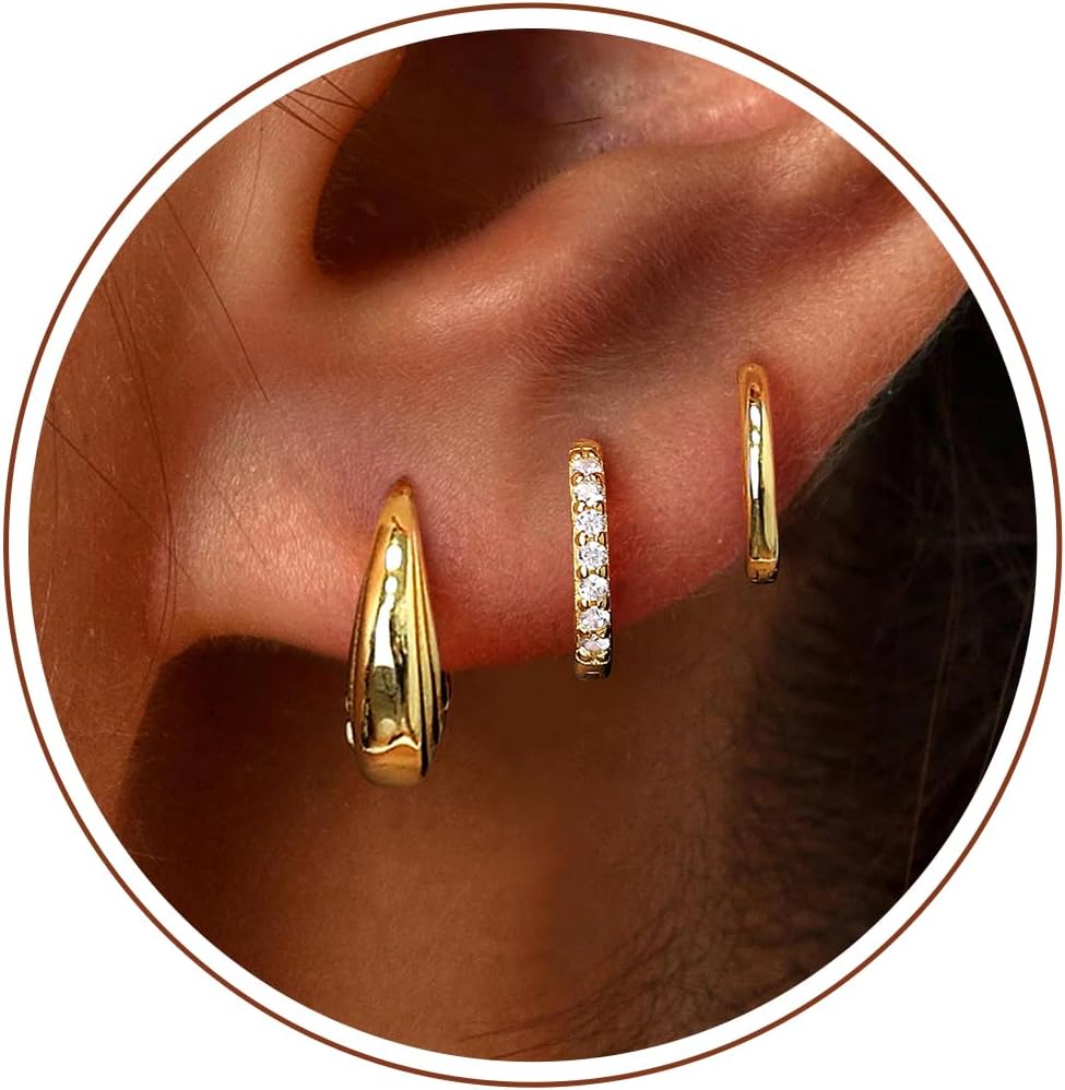 Poxtex Small Sterling Silver Huggie Hoop Earrings Set for Women, Hypoallergenic 14K Gold Plated Hoops Stacks for Multiple Piercings, Dainty Cute Mini Lightweight Cartilage Studs Trendy Jewelry Gift