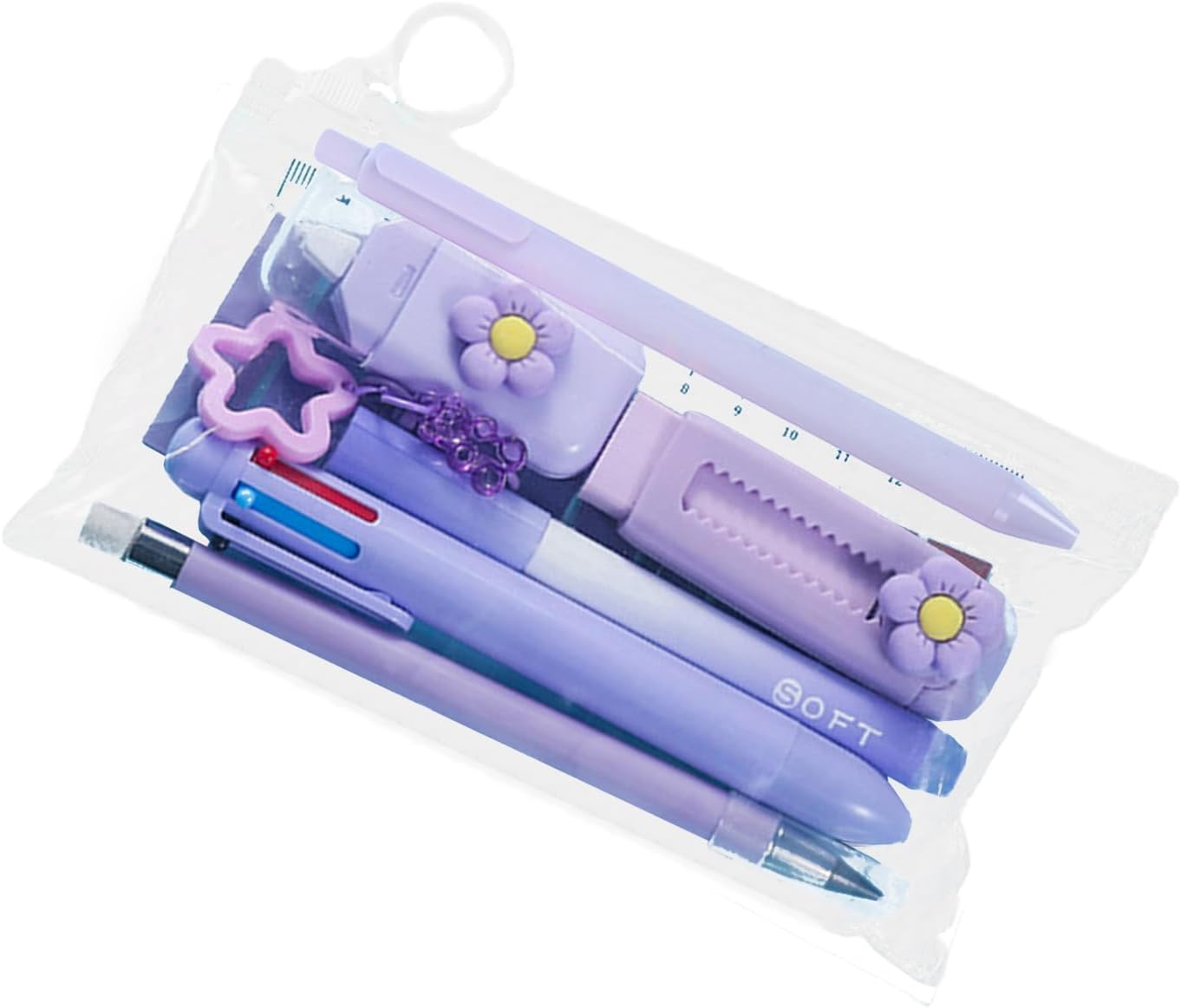 MOZXIRZ 7 Pcs Cute Purple Stationery Set for Women Office Supplies Back to School Supplies Kawaii Stationery Gift Including Pen Pencil Eraser Highlighter (Purple)