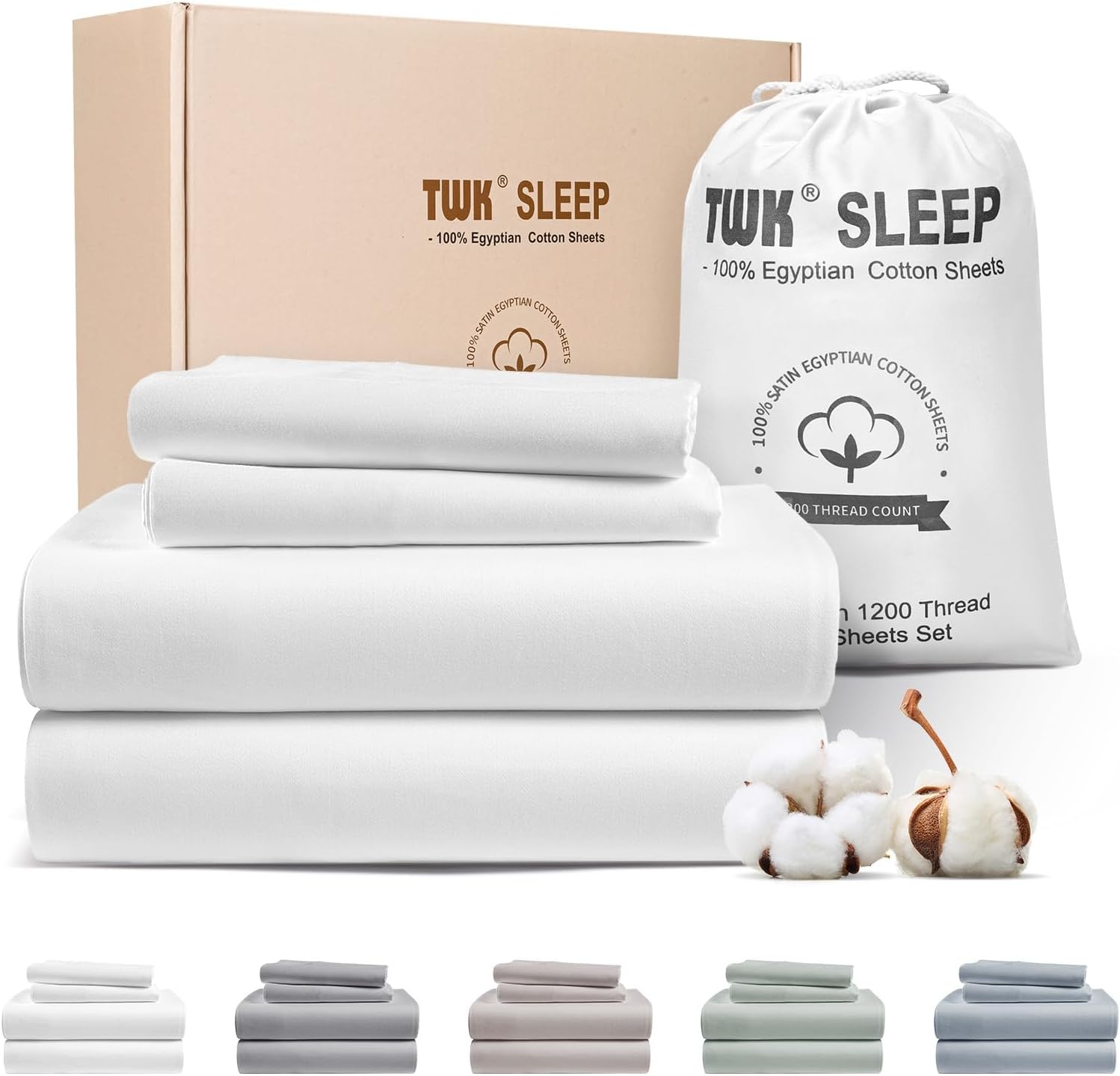 TWK 1200 TC 100% Egyptian Long-Staple Cotton Sheets King Size, Luxury Hotel Style Deep Pocket with Elastic Reinforced Seams Sheet Set, Soft & Comfy Natural Sheets(White King)