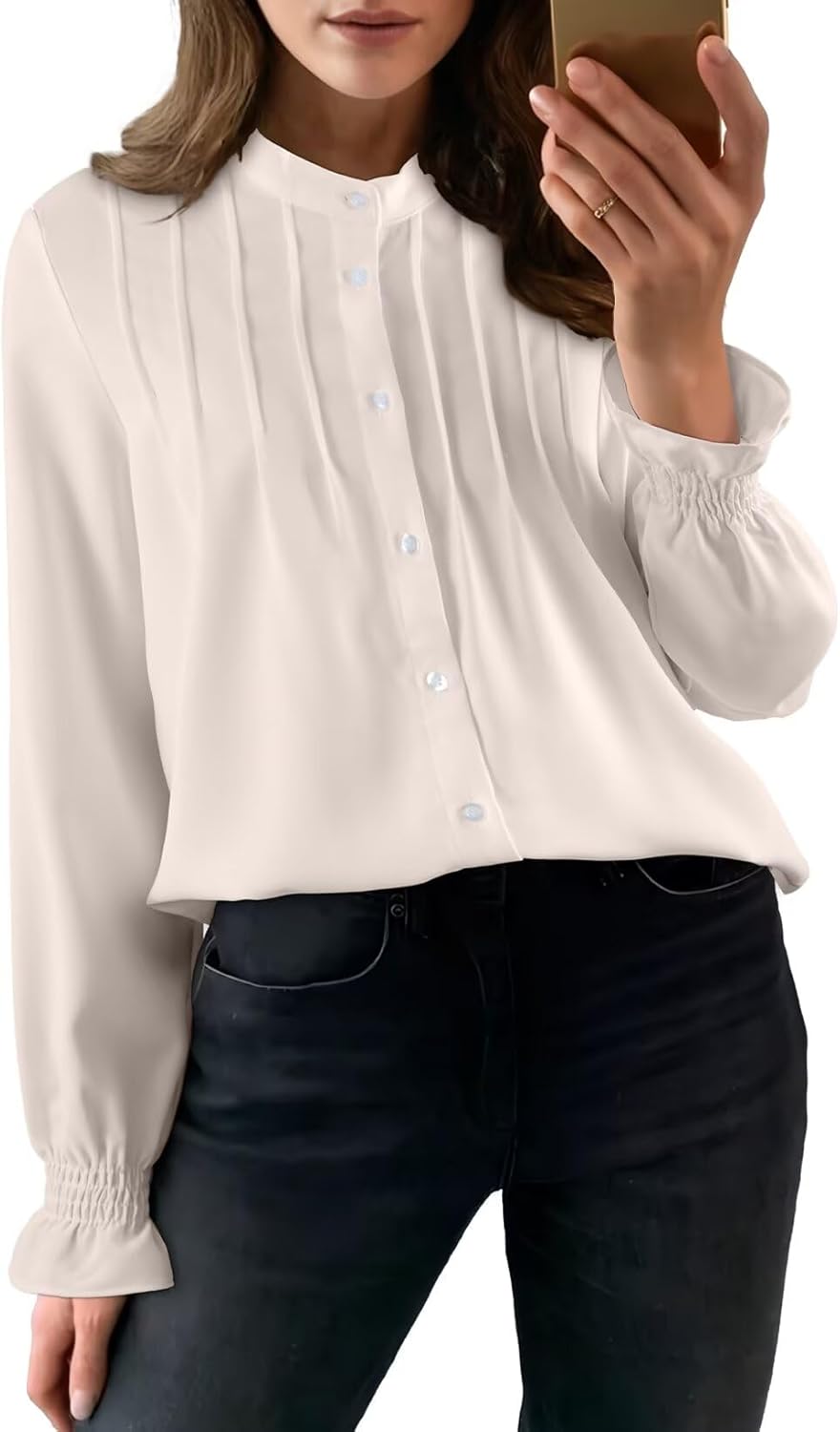 Astylish Women's Casual Blouses Button-Down Business Work Tops Long Sleeve Mandarin Neck Pleated Shirts 2025 Fall Outfits