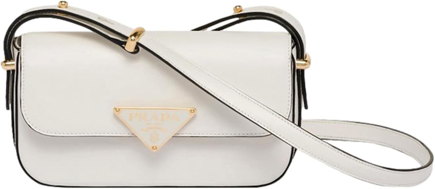 Prada Embleme Triangle Logo Soft Calfskin Womens Luxury Crossbody Bag White | Triangle logo closure Leather lining Interior slip pocket Dustbag Authenticity cards included