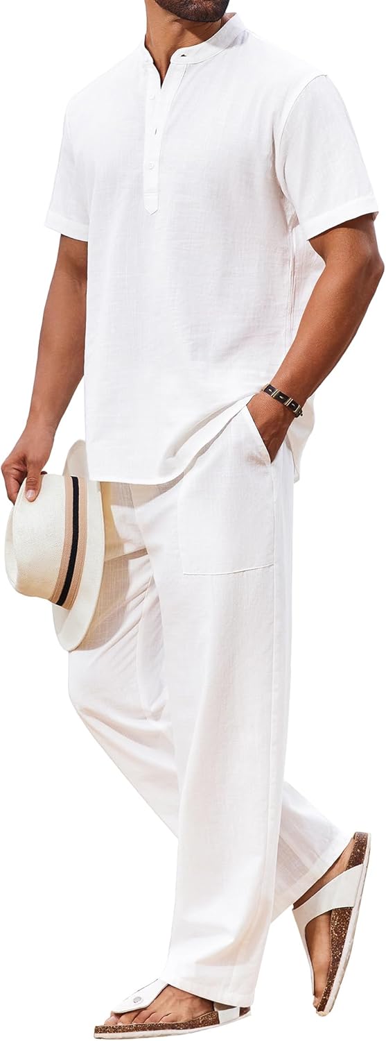 COOFANDY Men's 2 Piece Cotton Sets Casual Short Sleeve Henley Shirts and Beach Pants with Pockets Summer Vacation Outfits