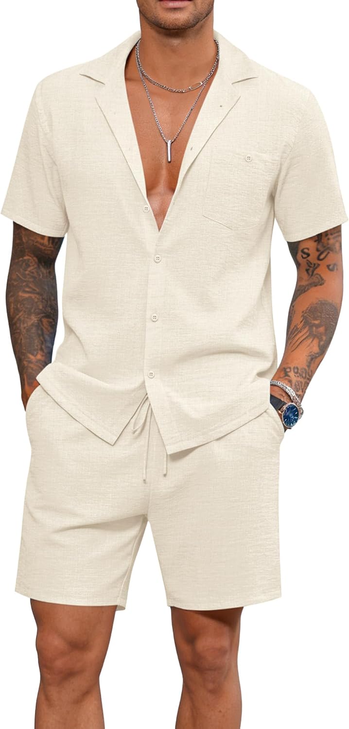 LecGee Men's Short Sleeve 2 Piece Set Simple Shirt Summer Button Vacation Linen Loose Pants Solid Color Causal Tracksuit