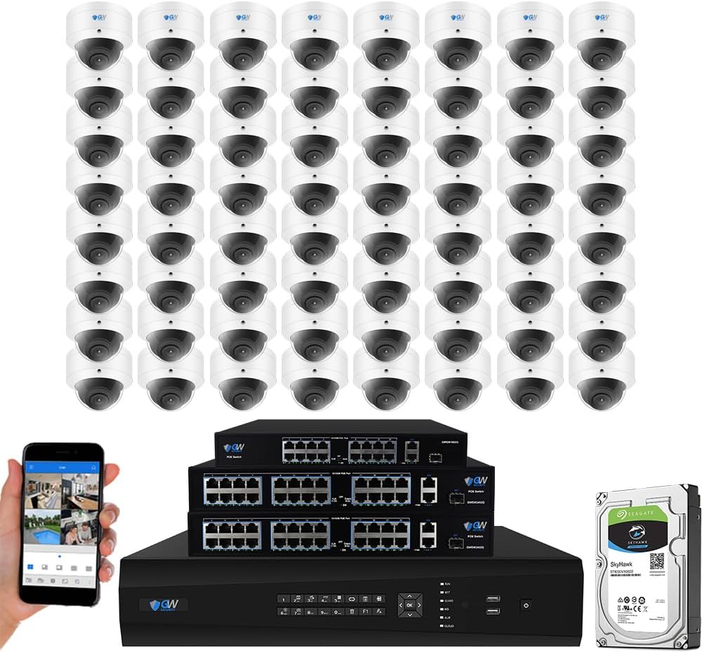 GW Security 64-Channel 4K NVR System with 64 x 4K (8MP) AI Dome Cameras, Face/Human/Vehicle Detection, 100ft Night Vision, Indoor/Outdoor Use, Wired, Compatible with Smartphones, Tablets, PCs