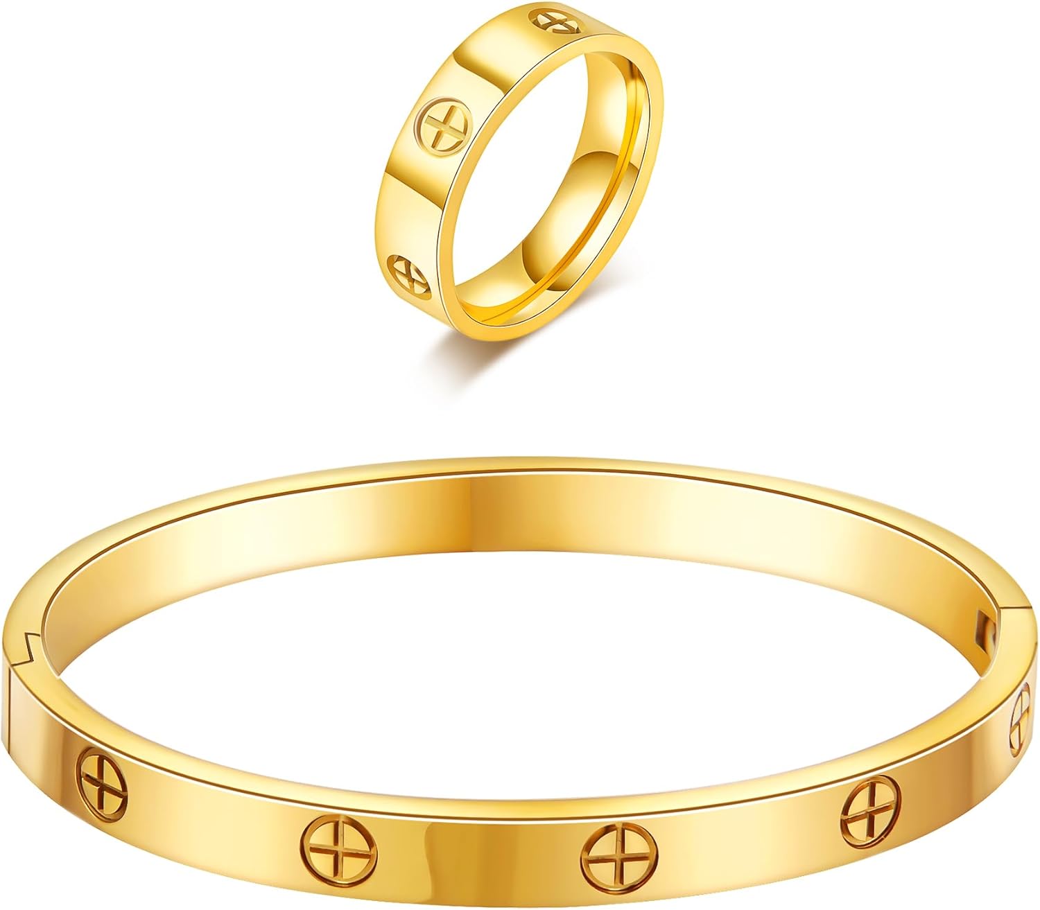 18K Gold Plated Bracelet Ring Set - Stainless Steel Cuff Bangle with CZ Stones