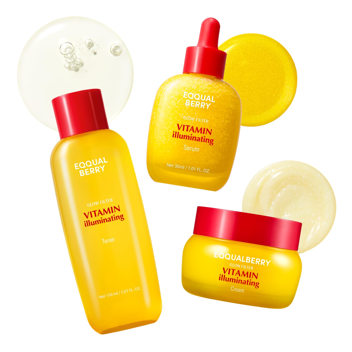 EQQUALBERRY Vitamin C Dark Spots & Brightening Trio | Vitamin Illuminating Toner, Serum & Cream for Complete Glow with Niacinamide, TXA & Ceramides | Korean Skincare Set