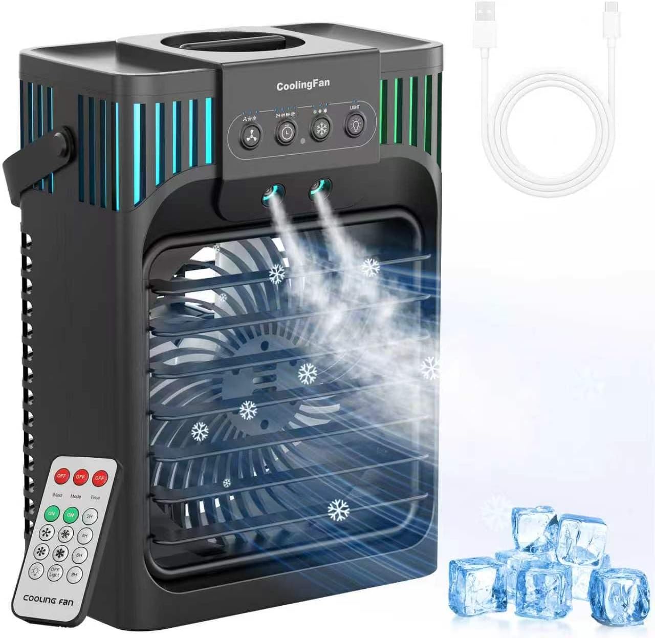Serantzon Portable Air Conditioners, 4-in-1 Evaporative Air Cooler with Remote Control, Cooling Fan with 3 Modes, 3 Speeds & 7 LED Lights, 2-8H Timer, 1200ML Personal Mini AC Unit for Home, Bedroom
