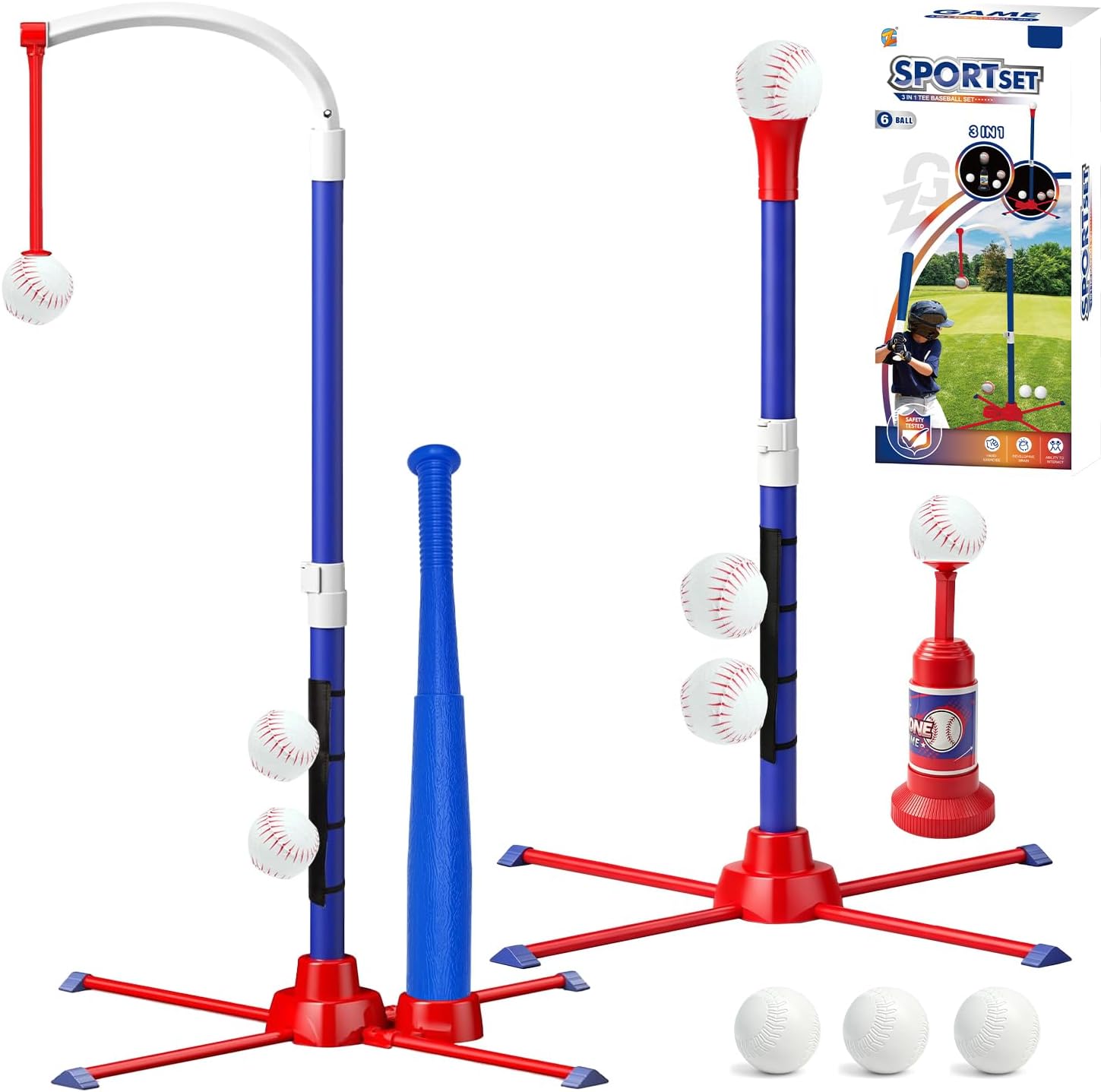 3-in-1 Baseball Set for Kids Tee Ball Stand, Hanging with Automatic Pitching, Automatic Ball Launcher and 6 Softballs, Adjustable Height for Indoor Outdoor, Sport Toys Gifts for Kids Boys Age 3+