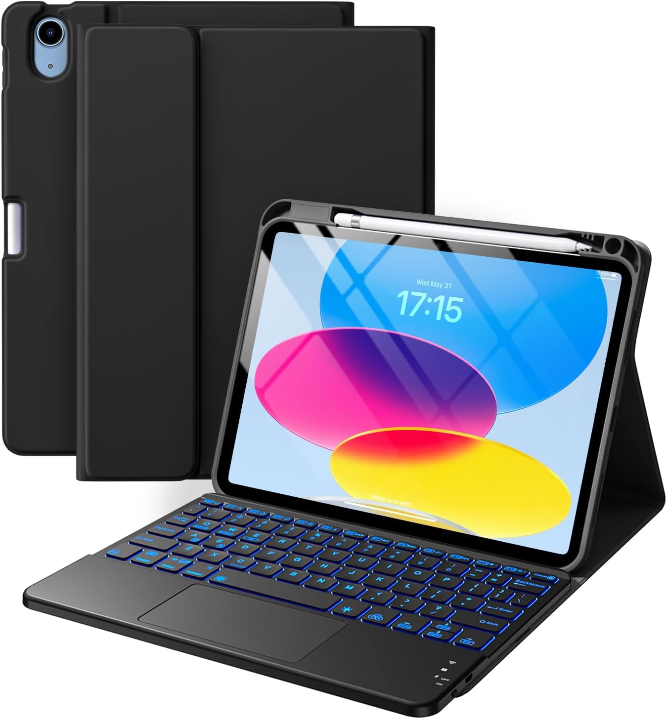 for iPad A16 11th/10th Generation Case with Keyboard, Folio Cover | Multi-Touch Trackpad, 7 Colors Backlit, Detachable Keyboard for iPad A16 11 inch/10th Gen with Pencil Holder, Black