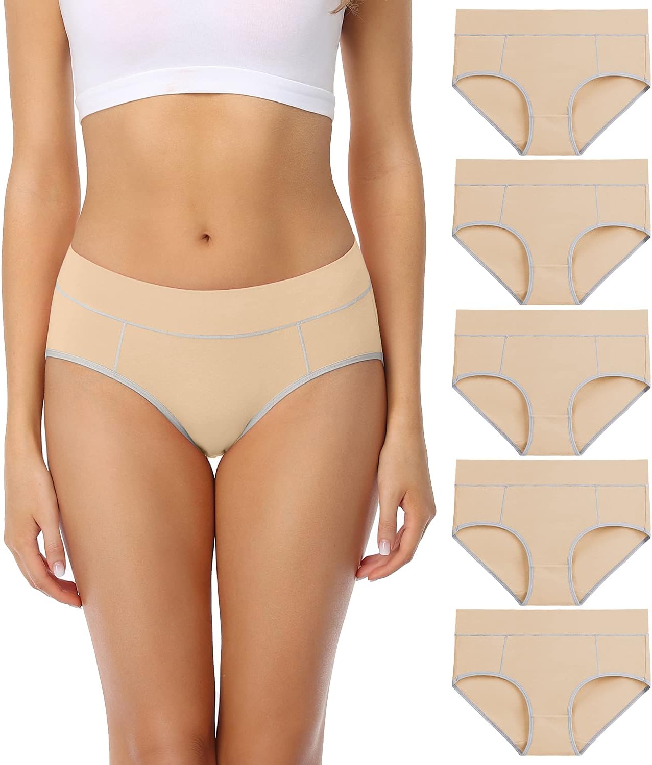 wirarpa Women's Cotton Underwear Stretch Mid Waisted Briefs Ladies Panties 5 Pack