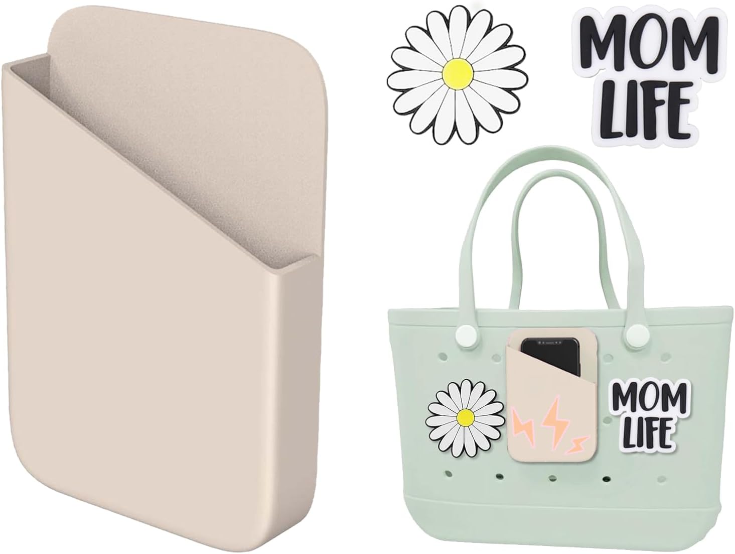 Mushroom Bogg Bag Phone Holder Accessories, Large Silicone Bogg Cell Phone Holder for iPhone 17 16 15 14 13 Pro Max Samsung Galaxy with M L XL Bogg Bags, 2pcs Mom Life/Daisy Bogg Bag Charms