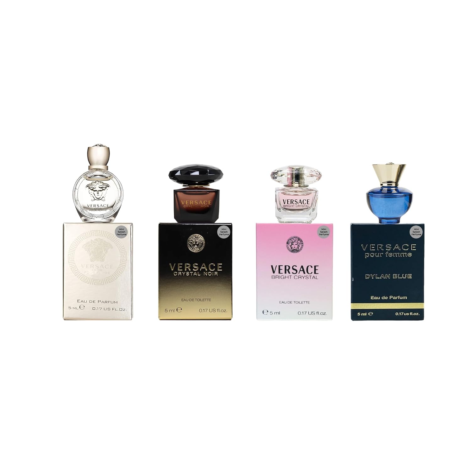 Versace Gifts & Sets Womens Mini Set (Crystal Noir/Bright Crystal/Eros Pour Femme EDT, Pour Femme Dylan Blue EDP) | Includes Crystal Noir, Bright Crystal, Eros Pour Femme & Dylan Blue Pour Femme mini 