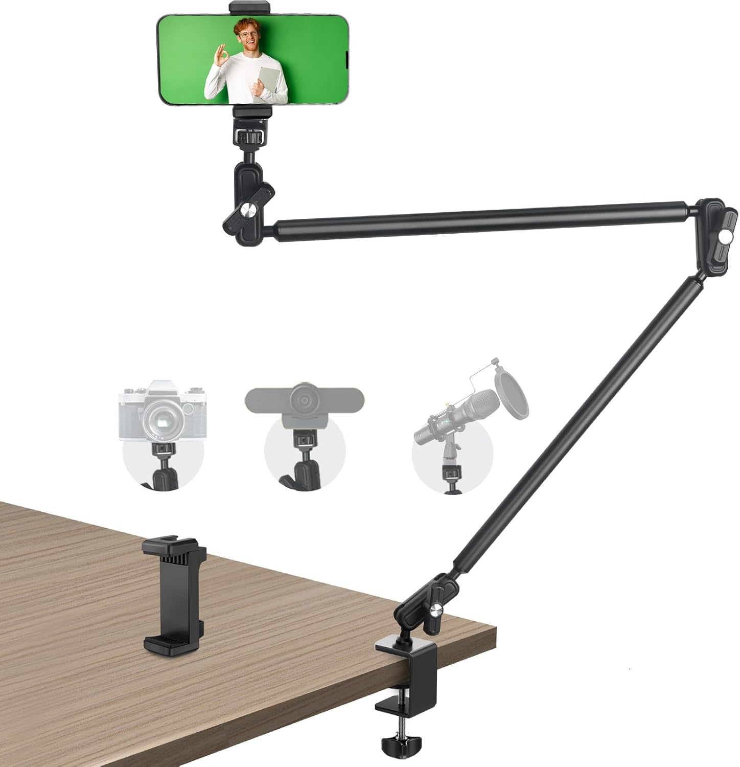Desktop Clamp Magic Arm 33.84" Kit for Phone,DSRL Two-Stage Adjustable Flexible Arm, Overhead Camera Mount, Desk Phone Mount for Webcam, Action Camera, Mic,Video Light