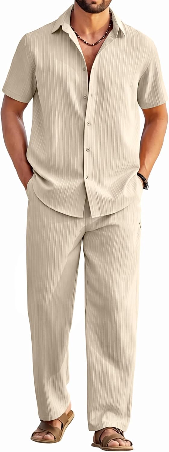 COOFANDY Mens 2 Piece Outfits Casual Summer Beach Textured Button Down Shirt Loose Pants Set