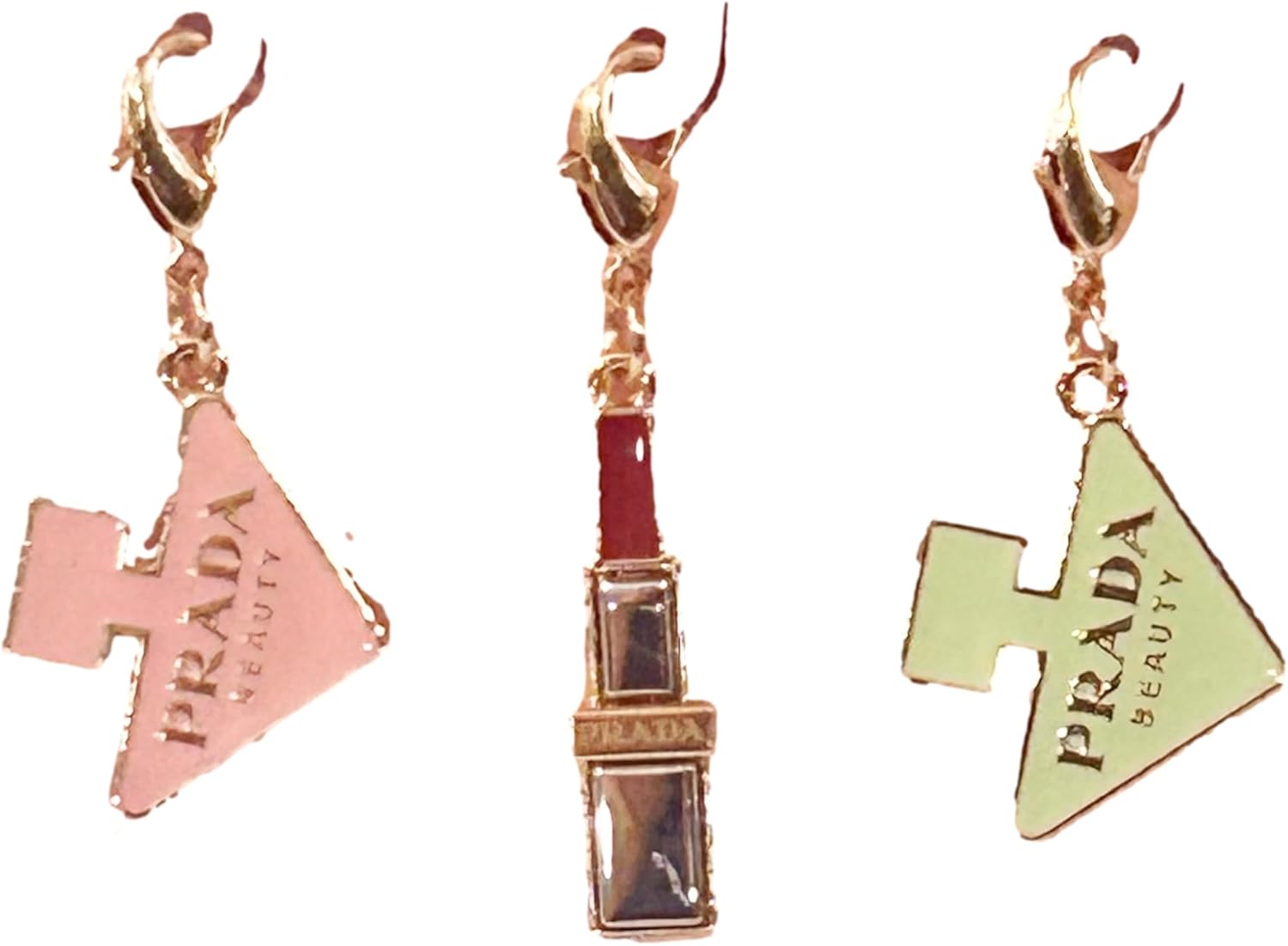 Prada Beauty Triangle Lipstick Metal Logo Gift Small Charm - 3 Charms included. Perfect for keys chains bags necklaces (1168)