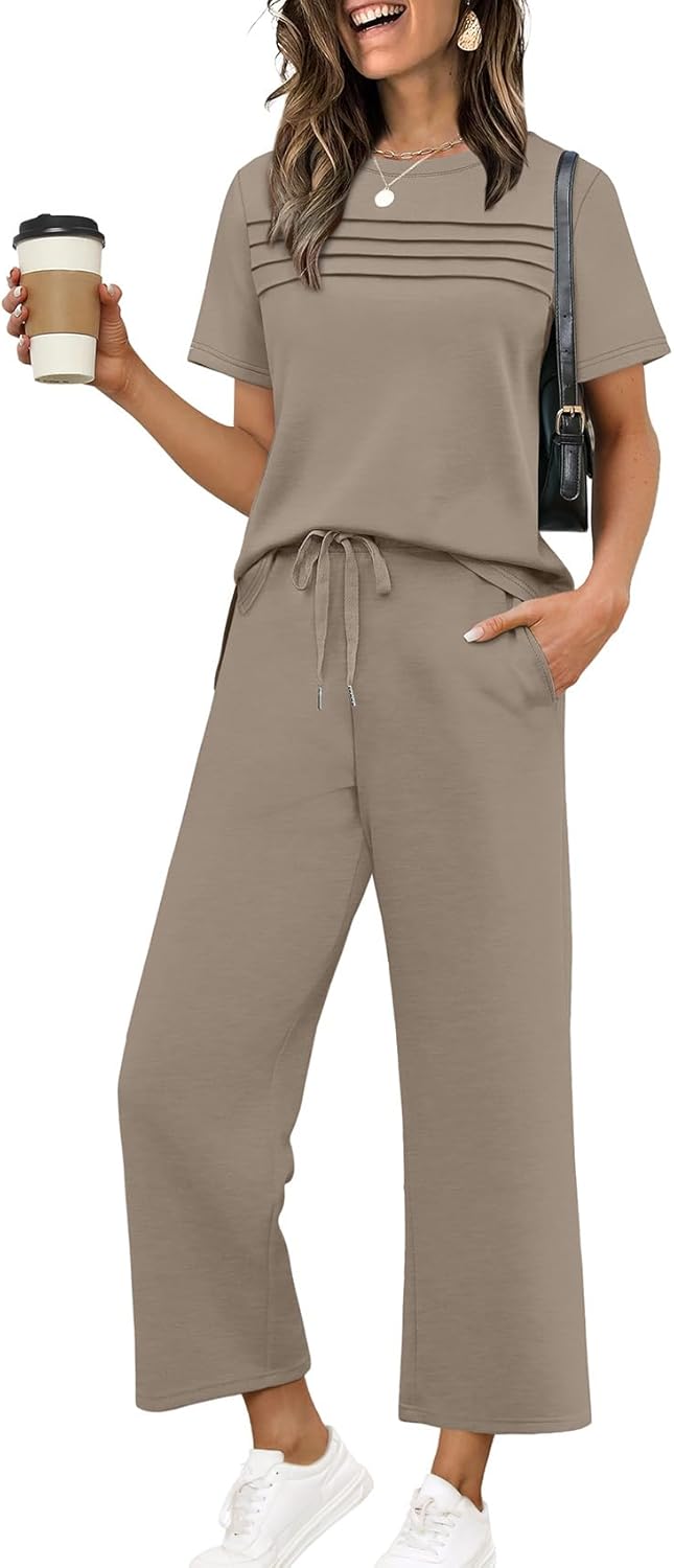 WIHOLL Two Piece Sets for Women Summer Spring Travel Vacation Outfits Short Sleeve Lounge Sets Side Slit Wide Leg Pants S-3XL