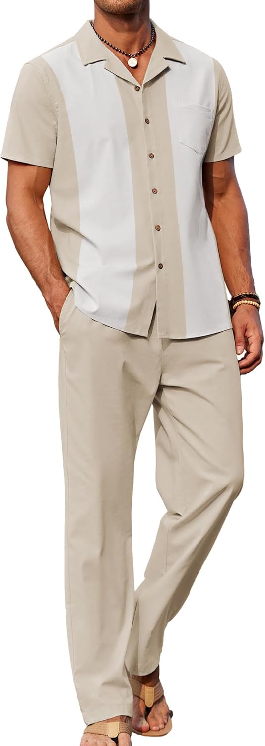 COOFANDY Men 2 Piece Linen Outfit Beach Button Down Shirt Casual Loose Pant Sets