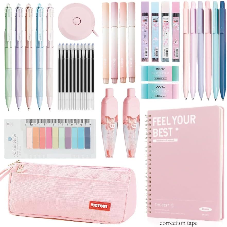 39PCS Macaron color School Supplies set，5 ballpoint pens，notebooks, pencil cse, sticky notes ，6mechanical pencil，2Correction Tapes，4fluorescent pens