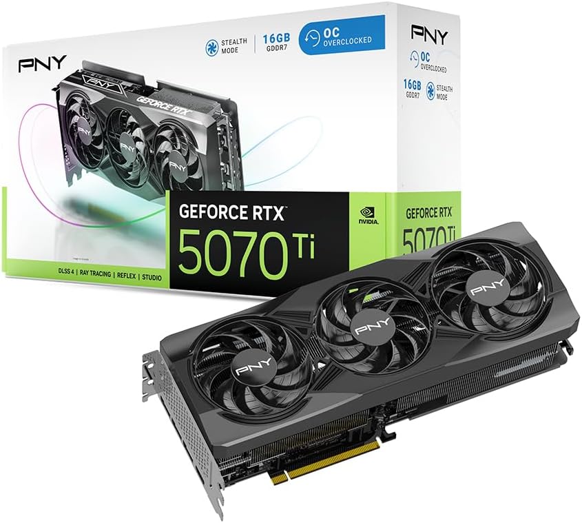 PNY NVIDIA GeForce RTX™ 5070 Ti OC Triple Fan, Graphics Card (16GB GDDR7, 256-bit, Boost Speed: 2572 MHz, PCIe® 5.0, HDMI®/DP 2.1, 2.98-Slot, Blackwell Architecture, DLSS 4)