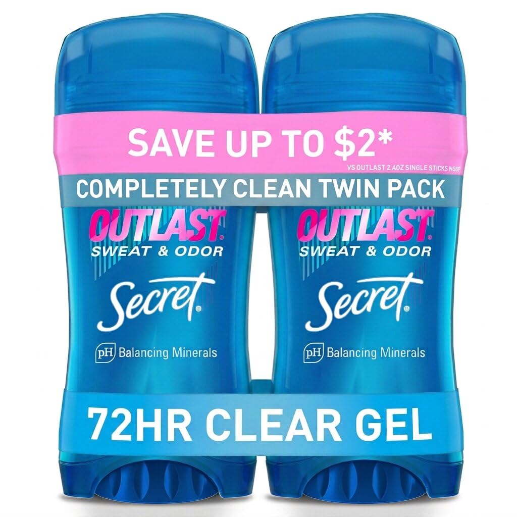 Secret Outlast Antiperspirant Deodorant for Women, 72hr Sweat & Odor Protection, PH Balancing Minerals, Pro-Hyaluronic Acid, Clear Gel, Completely Clean Scent, 2.6 oz (Pack of 2)